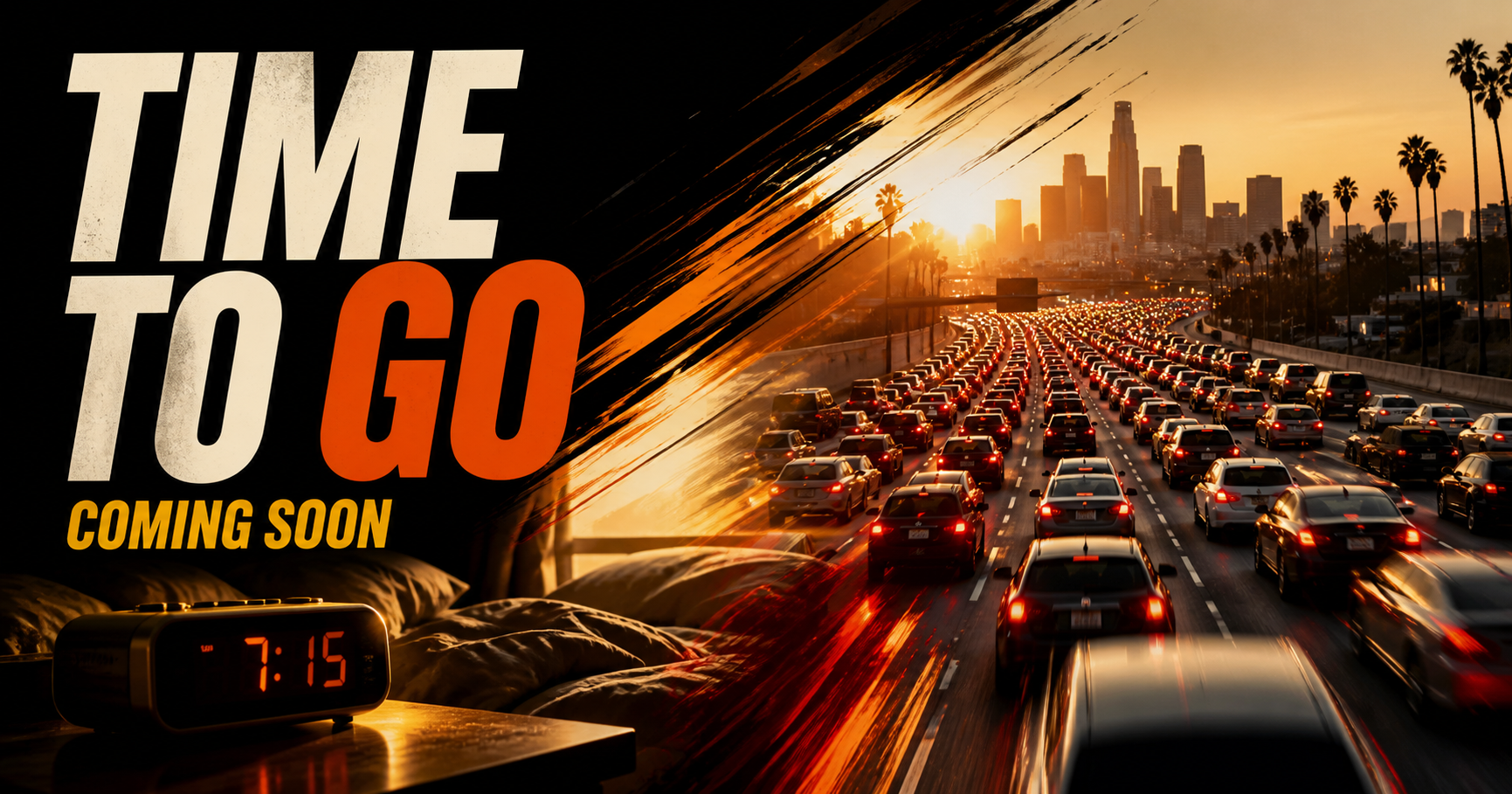 Time to Go campaign artwork combining a late alarm and crowded morning traffic